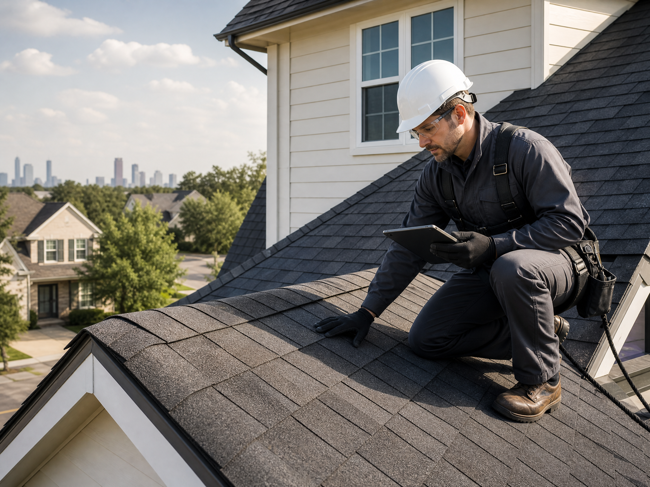 Roofing professional documenting visible roof conditions